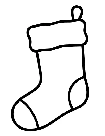 Schwarze Kontur eines großen Weihnachtsstrumpfes, der an einem Haken hängt, mit breitem Rand oben und abgerundeter Fußspitze.