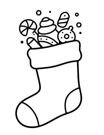 Schwarze Umrisszeichnung eines Weihnachtsstrumpfs, aus dem verschiedene Süßigkeiten und kleine Spielzeuge herausragen, mit Punkten und Kreisen im Hintergrund.