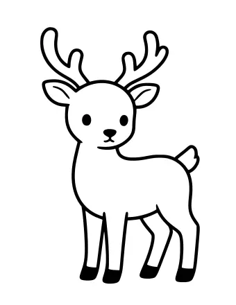 A simple black-and-white line drawing of a standing deer with large branching antlers, big ears, and a small tail, facing forward.