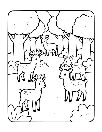Black-and-white line drawing of five deer with antlers and white spots standing among tall trees and rounded bushes in a forest scene.