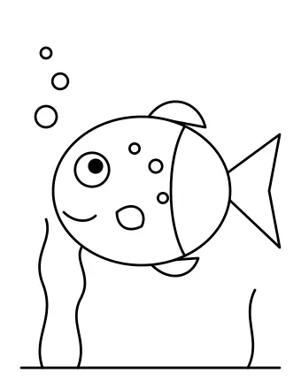 Line drawing of a smiling round fish with spots, fins and a big tail, swimming past seaweed with bubbles rising
