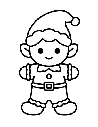 Line drawing of a smiling gingerbread elf with white icing hair, a pointed hat with a jingling bell, a belt with a square buckle, and scalloped feet.