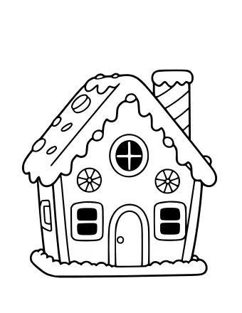 Black and white line drawing of a gingerbread house with a steep roof, a round window with a cross, two round candy windows, a chimney with wavy smoke, and scalloped icing along the roofline and base.