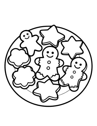 A round plate holding five gingerbread cookies in different shapes, including a star, a cloud, and three smiling figures with button details.