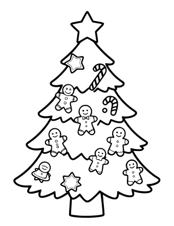 Black and white line drawing of a Christmas tree decorated with gingerbread men, candy canes, and star ornaments, topped with a large star.