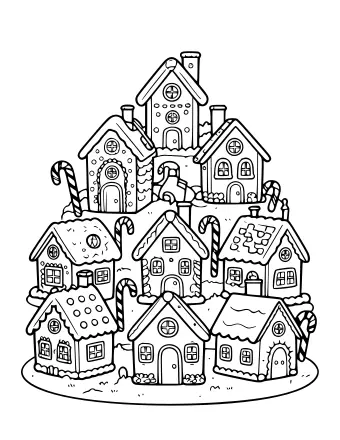 A black and white line drawing of a multi-tiered village made of gingerbread houses, connected by candy canes and decorated with icing and gumdrops.