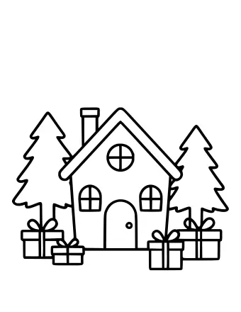 Black and white line drawing of a house with a round window, two pine trees, and several wrapped gift boxes on the ground.