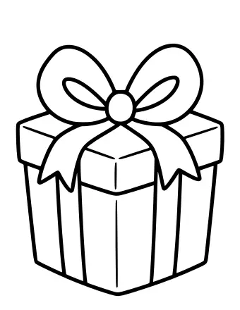 Black-and-white line drawing of a wrapped gift box with a large bow on top, showing the lid, ribbon, and bow loops.