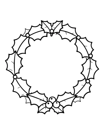 A circular holiday wreath made of pointed holly leaves and small round berries, with a small bow at the top and a cluster of berries at the bottom.