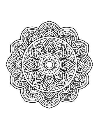 Black and white line drawing of a symmetrical mandala with a central sunburst, multiple concentric rings of petal shapes, and outer scalloped petals filled with small geometric and web-like patterns.