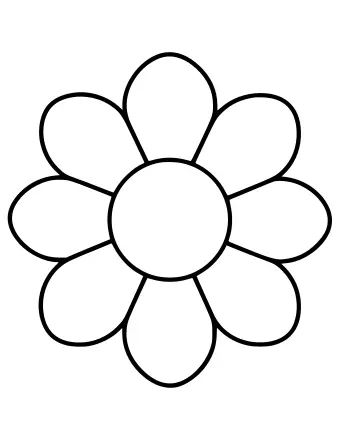 Black and white line drawing of a simple mandala with a central circle and seven large, rounded petals radiating outward.