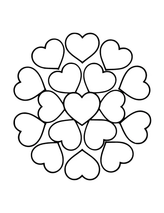 Black-and-white line drawing of a circular mandala made of overlapping heart shapes arranged in two rings around a central heart.