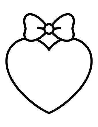 A large heart-shaped ornament with a simple bow tied at the top, drawn in bold black outlines on a white background.