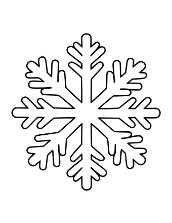 Black and white line drawing of a symmetrical snowflake with six main arms and intricate, branching side details.