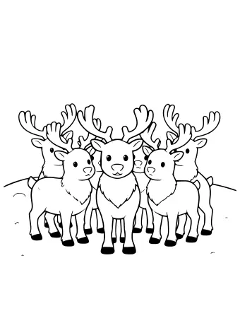 Black-and-white line drawing of five reindeer standing together on a snowy ground, each with large branching antlers and dark hooves.