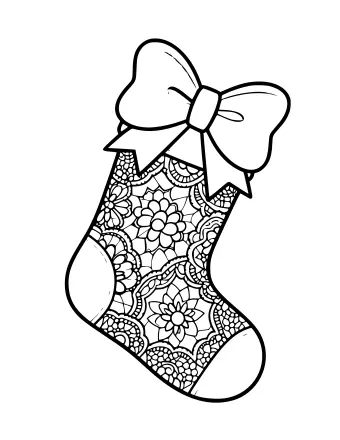 Black and white line drawing of a Christmas stocking decorated with intricate lace patterns, floral motifs, and a large bow at the top.