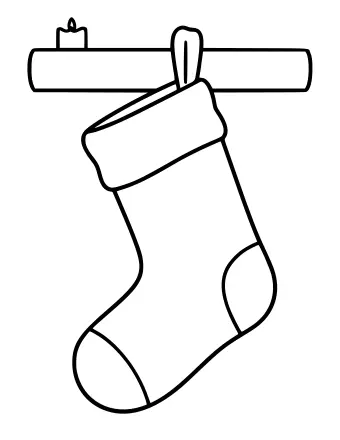 Black-and-white line drawing of a Christmas stocking hanging from a fireplace mantel with a lit candle on the left side.