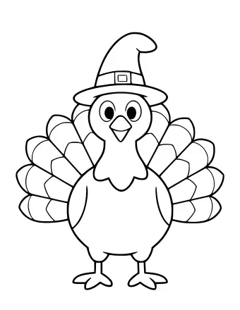 Black-and-white line drawing of a smiling turkey wearing a tall pilgrim hat with a buckle, standing in front of a fanned-out tail of layered feathers.