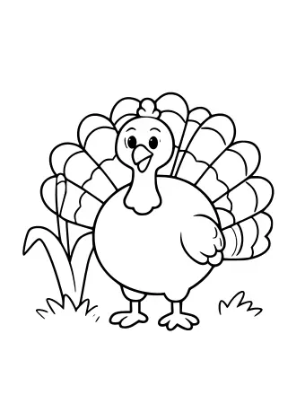 Black-and-white line drawing of a plump turkey with a fanned tail and two corn stalks on the left, standing on a small patch of grass.