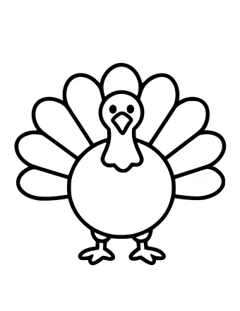 A simple black-and-white line drawing of a turkey with a large round body, a fan of tail feathers, two small feet, and a beak, ready to be colored.