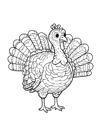 Black and white line drawing of a turkey standing in profile with its tail feathers fully fanned out, showing detailed feather barbs, a wattle, and scaly legs.