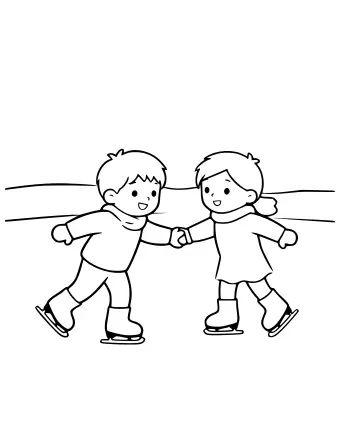 Two children in sweaters and boots holding hands while ice skating on a frozen pond, with simple lines suggesting the ice surface and a distant horizon.