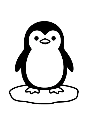 Black and white line drawing of a cute penguin standing on a small ice floe, with flippers at its sides and webbed feet visible.