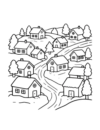 Black and white line drawing of a snowy village with several houses on rolling hills, evergreen and round trees, and winding roads.