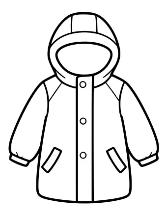 Black-and-white line drawing of a long winter coat with a large hood, three round buttons down the front placket, two slanted side pockets, and ribbed cuffs on the sleeves.